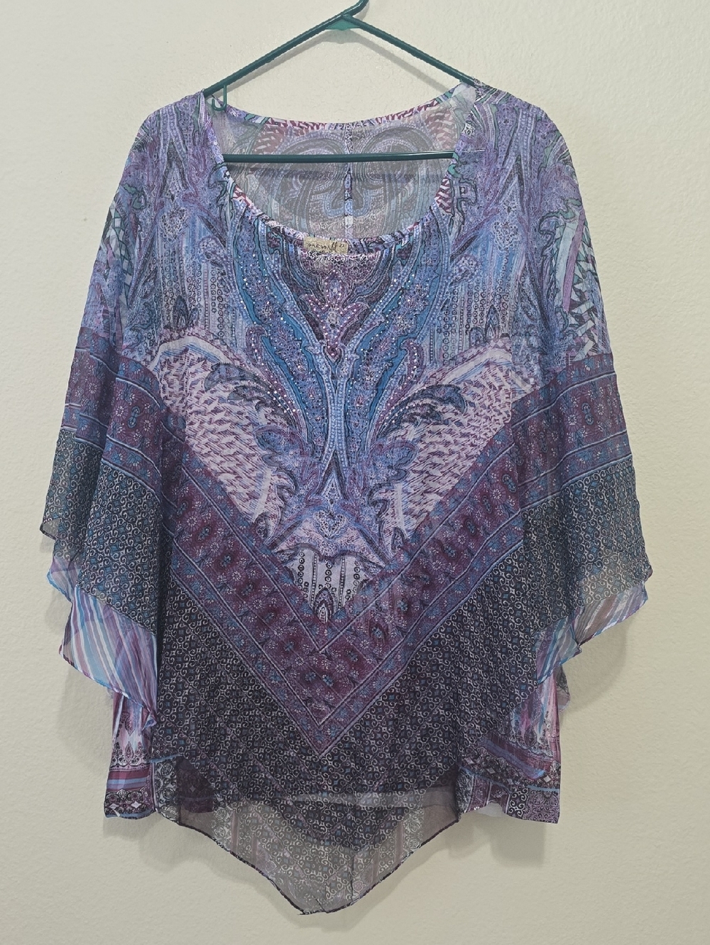 ONE‎ WORLD Sheer Paisley Poncho Tunic in Lavender and Purple 2X